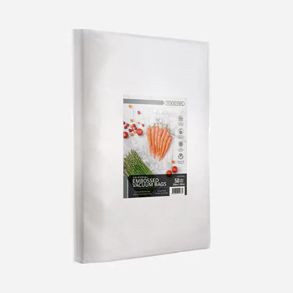 White vacuum-seal bag pack with a label showing vegetables; 50 embossed vacuum bags for food storage (on white background).