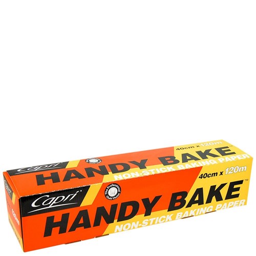 Box of CAP Handy Bake non-stick baking paper in orange and black packaging, 40 cm x 120 m length remaining.