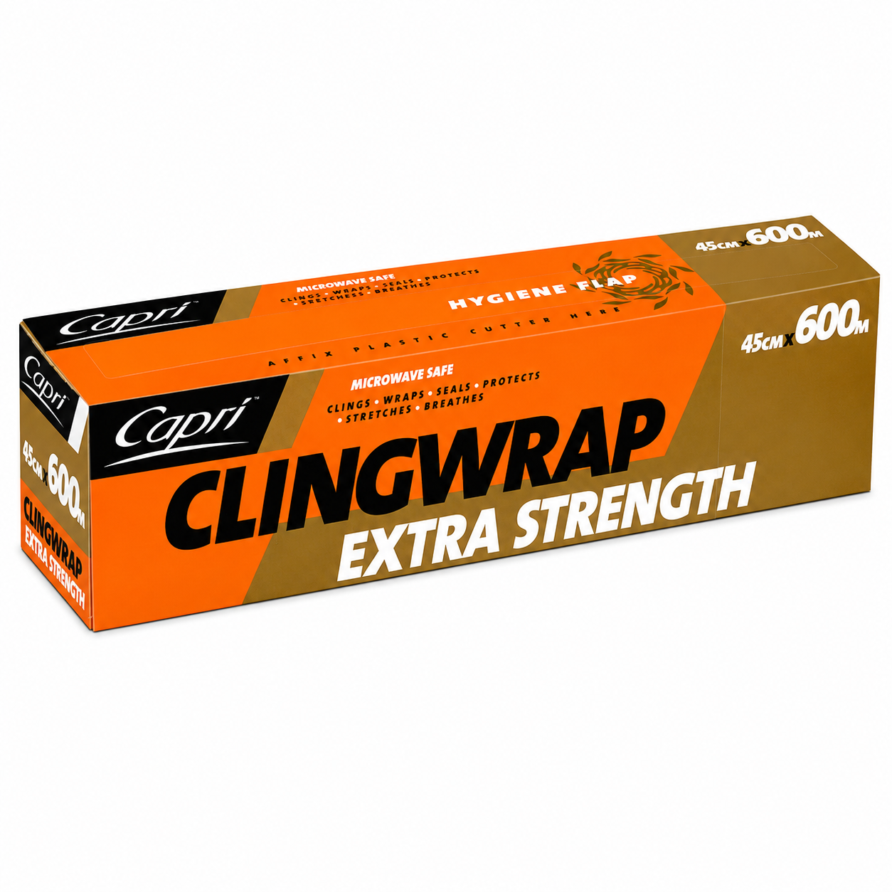 Box of Capri ClingWrap Extra Strength plastic wrap, orange and brown packaging, 45 cm × 600 m far-right label visible