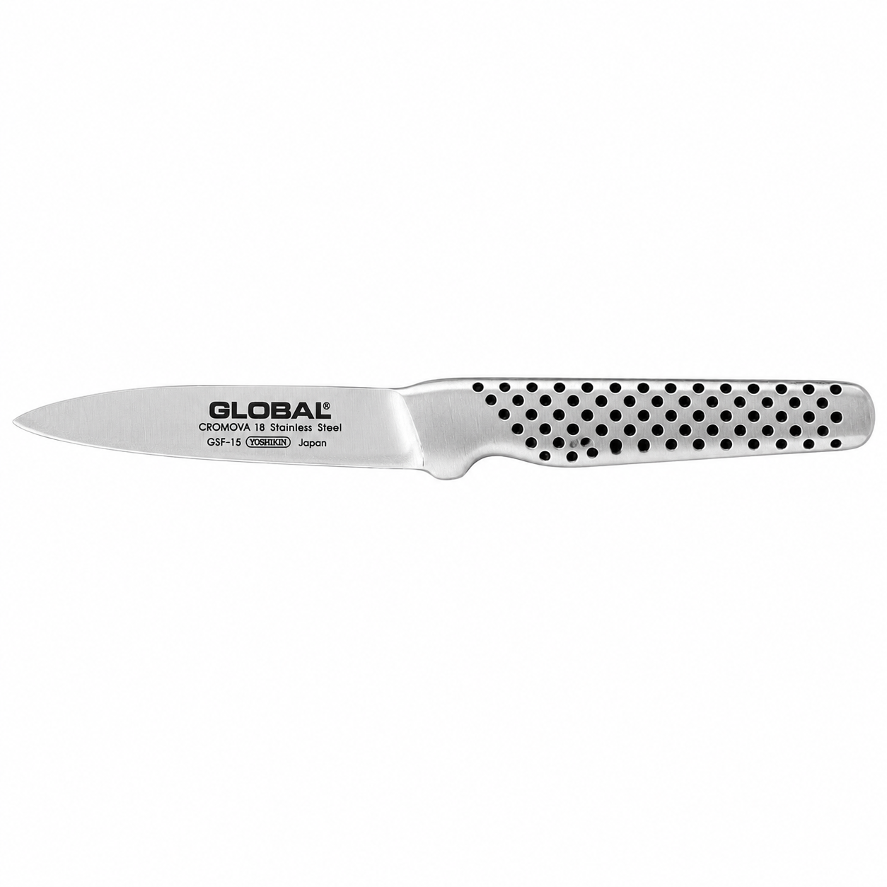 Global GSF-15 stainless steel chef's knife with a perforated hollow handle.