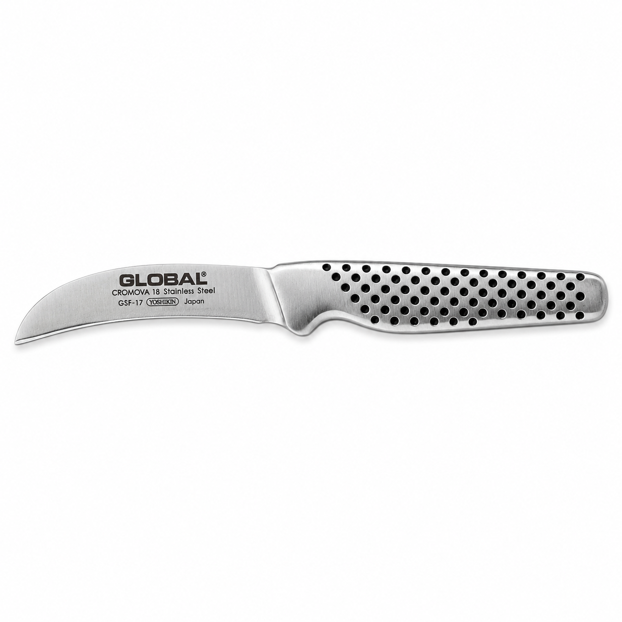 Global curved-s blade knife with perforated stainless-steel handle; model GSF-17, Japan
