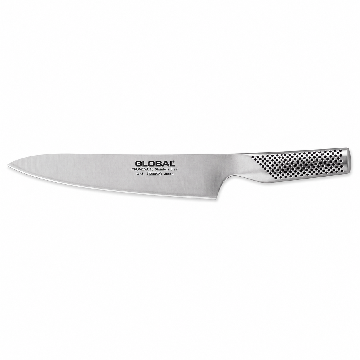 Global G-3 chef's knife with Cromova 18 stainless steel blade and perforated handle texture on the grip.