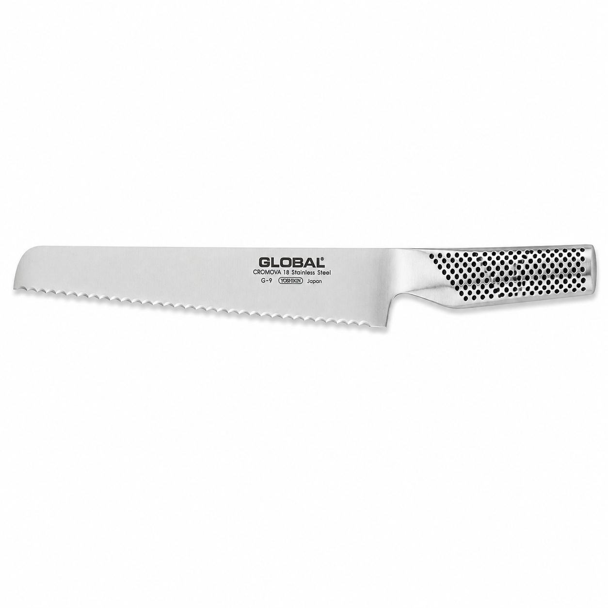 Global stainless steel bread knife with a long serrated blade and perforated grip handle for a secure grip.