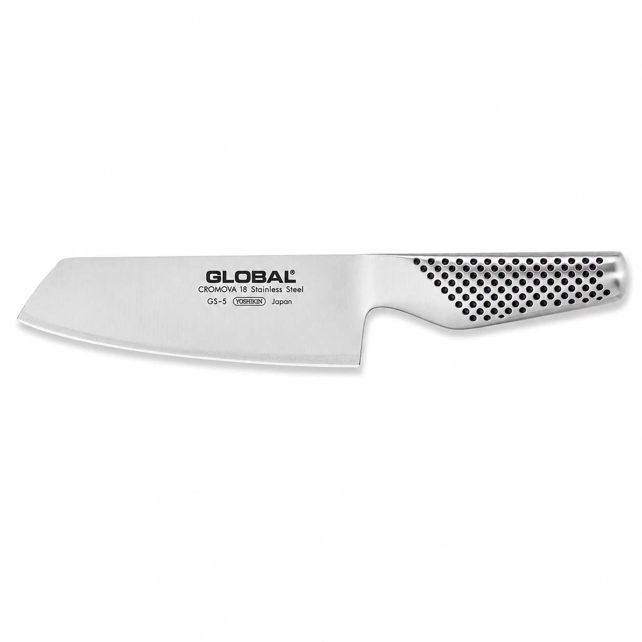 Global GS-5 chef's knife with perforated stainless steel handle and broad blade used for kitchen chopping, Japan-made