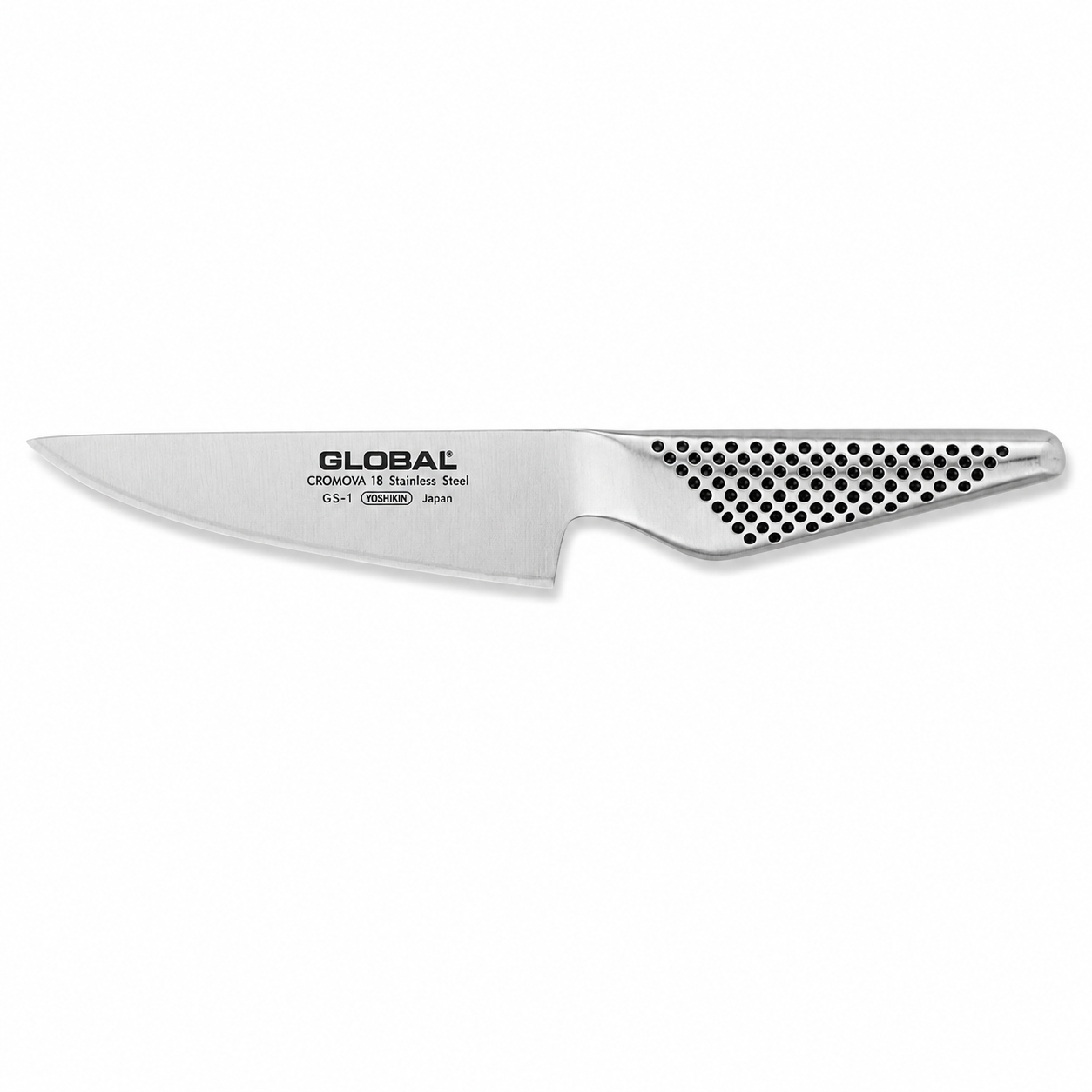 Global chef's knife with a stainless steel blade and perforated, textured handle; designed for kitchen chopping.