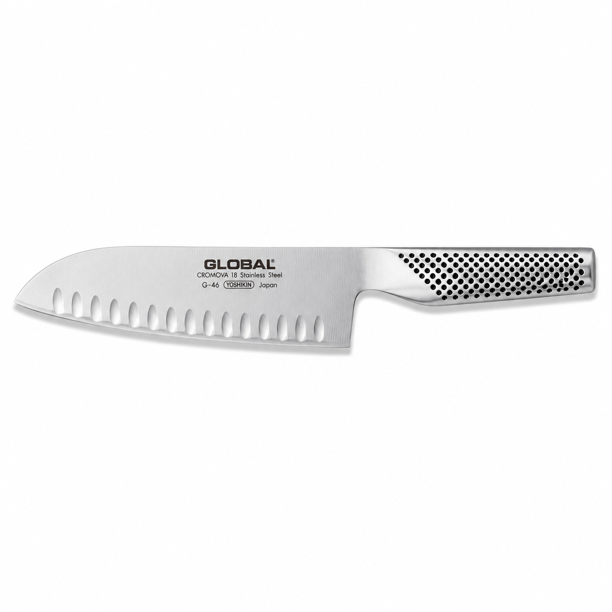Stainless steel chef's knife with perforated handle, Global brand, G-46 model.