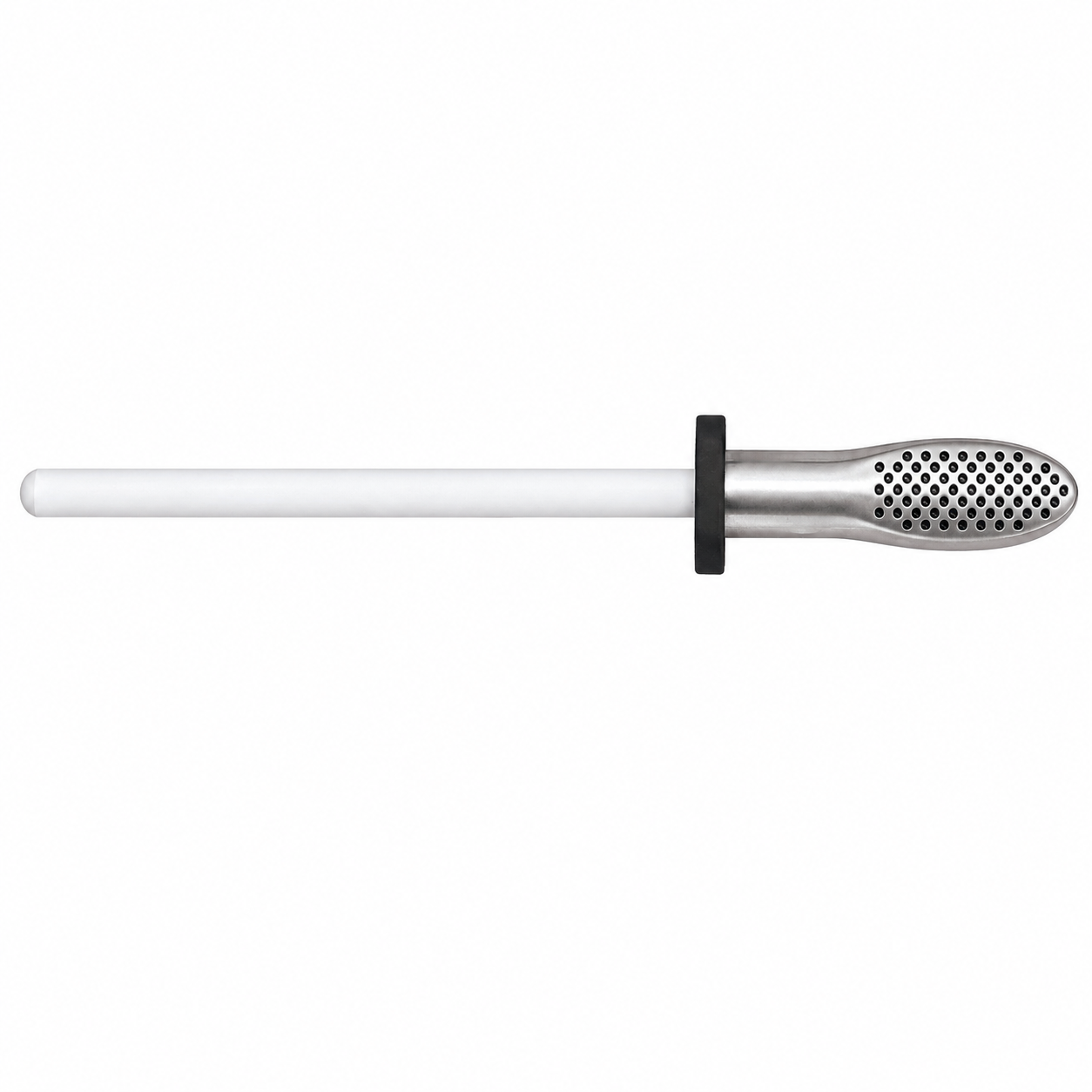 Long white-handled stainless steel tool with a perforated rounded tip.