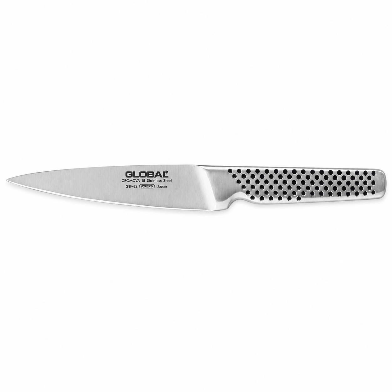 Global Cromova 18 stainless chef knife with perforated metal handle for a comfortable grip