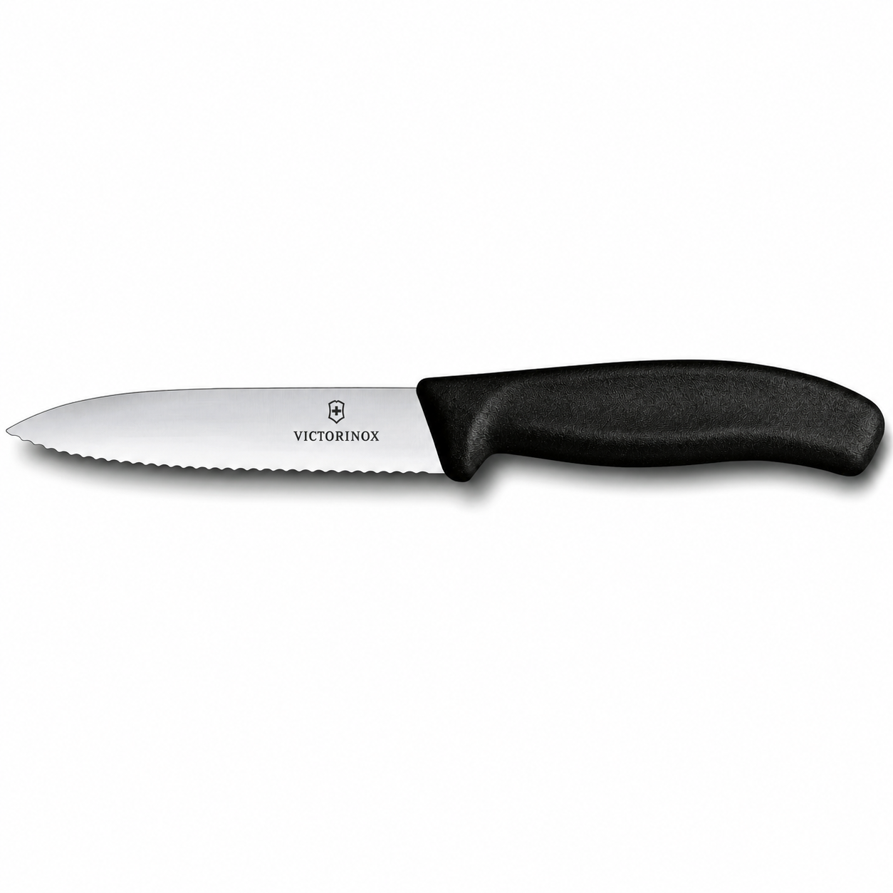 Serrated bread knife with a black ergonomic handle and Victorinox logo on the blade
