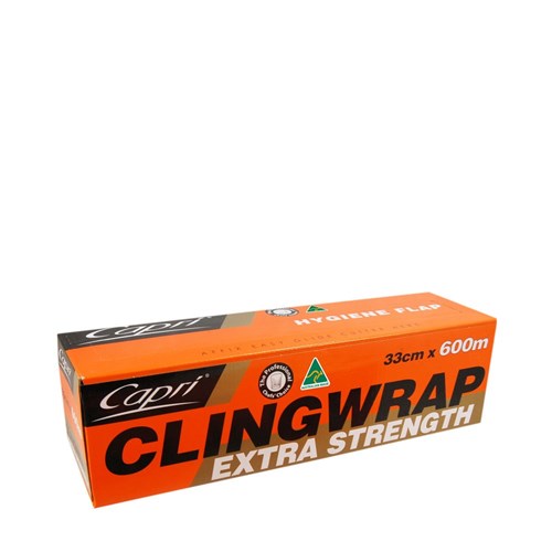 Orange box labeled 'Cling Wrap Extra Strength' with '33 cm x 600 m' size, a kitchen plastic wrap product