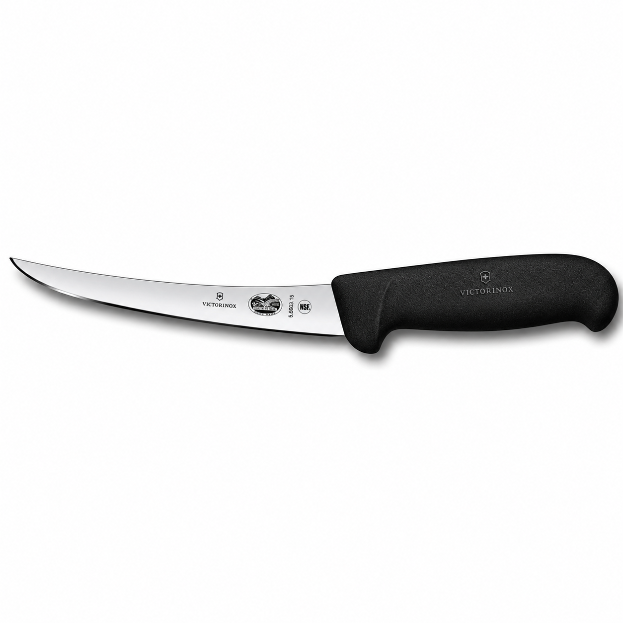 Victorinox curved blade knife with a black ergonomic handle and logo on blade edge