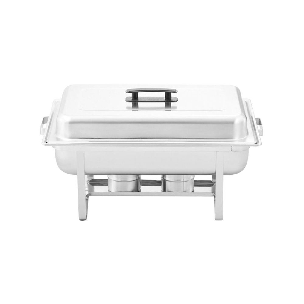 Stainless steel chafing dish on a stand with a lid and two fuel canisters underneath