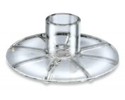 Clear plastic circular component with a central cylindrical neck and radial ribs, a kitchen appliance part.
