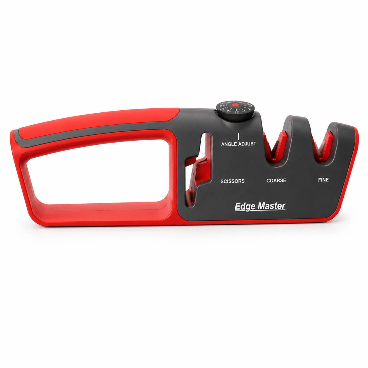 Edge Master handheld saw blade sharpener in red and gray with an angle-adjust dial, used to sharpen saw teeth.