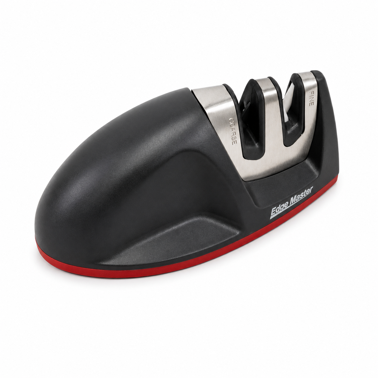 Edge Master knife sharpener with three sharpening slots (coarse and fine) in black with a red base, shown from a side angle.