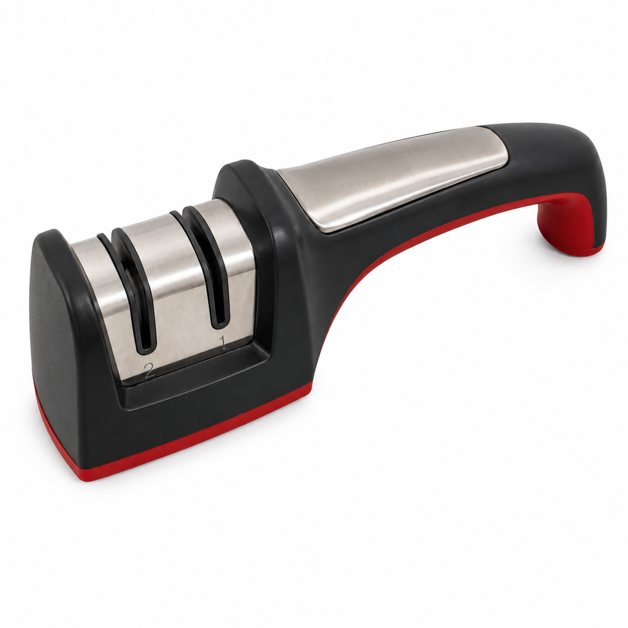 Manual knife sharpener with two metal sharpening slots and a black-red plastic body, designed for sharpening kitchen knives.