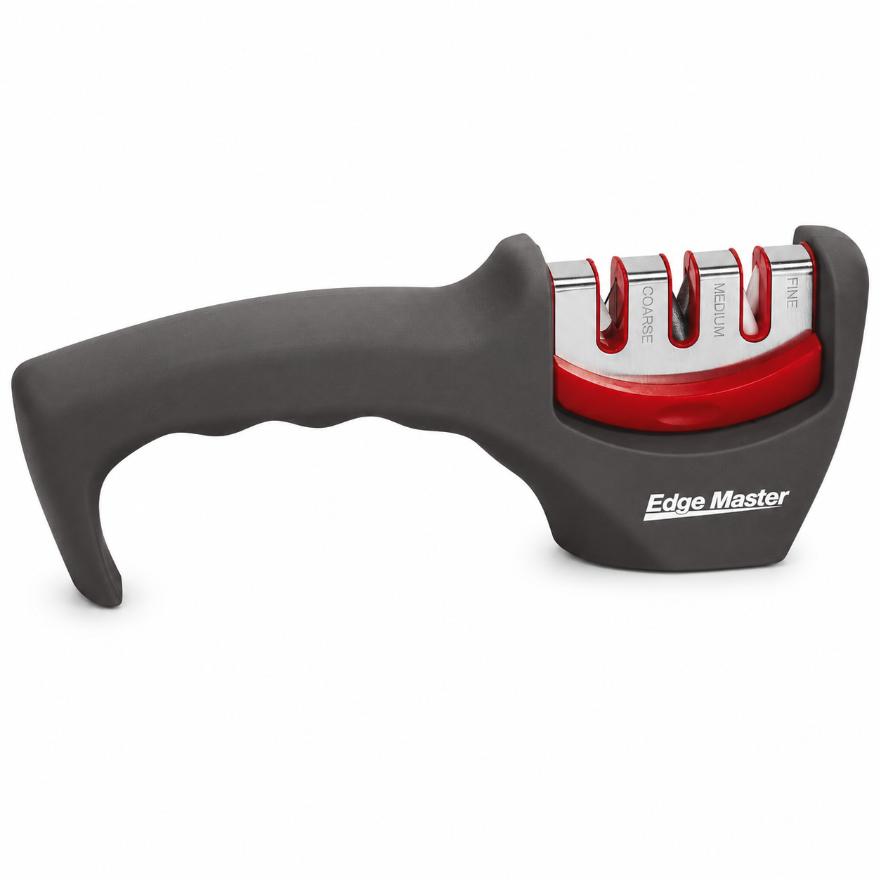 Handheld Edge Master knife sharpener with an ergonomic gray handle and red sharpening slots labeled Coarse, Medium, Fine