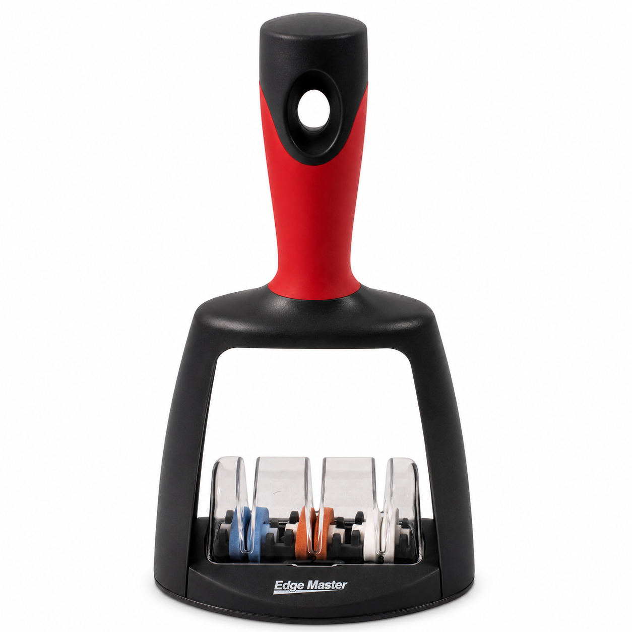 Edge Master blade sharpener with a black frame, red handle, and visible sharpening wheels inside a clear housing