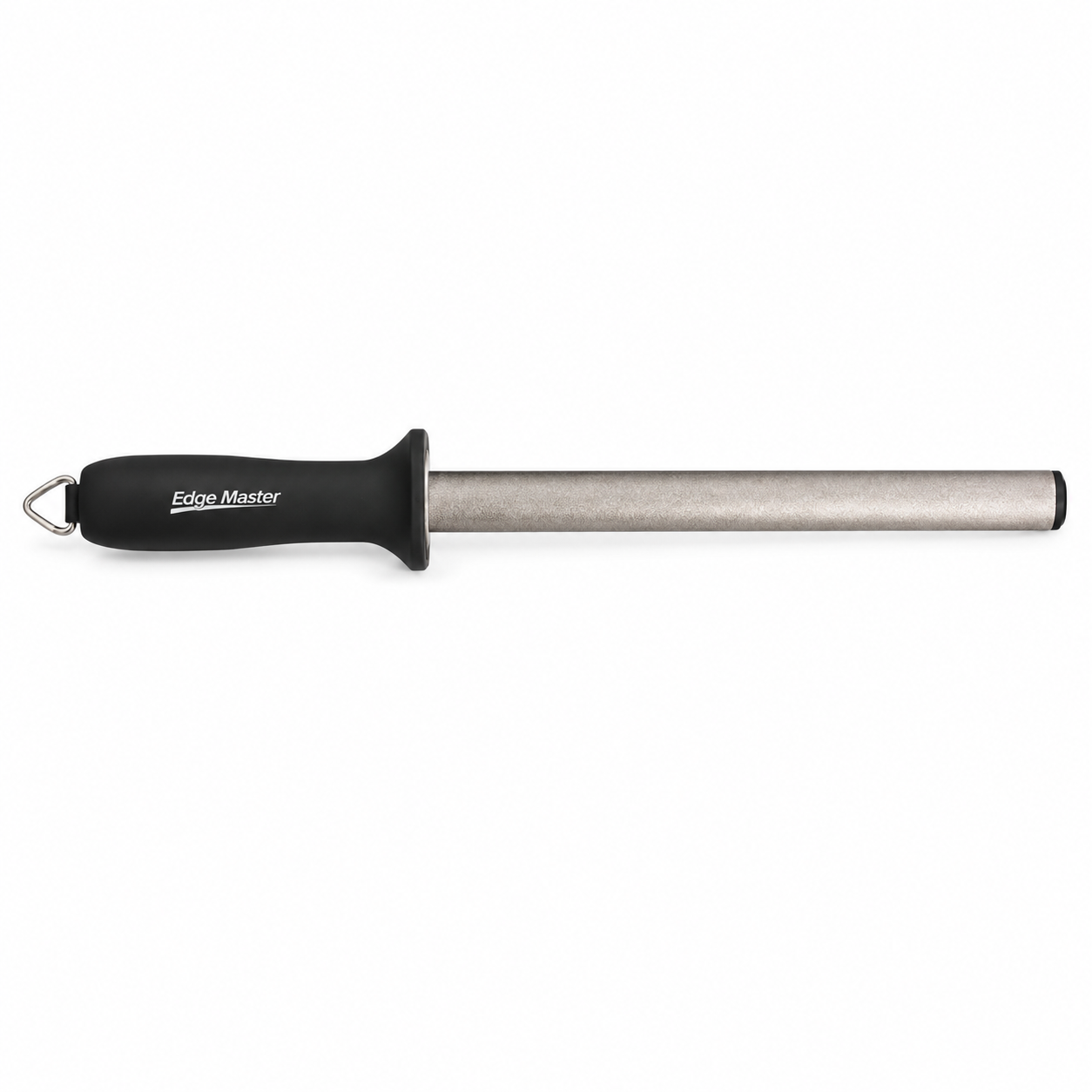 Knife honing steel with a black Edge Master handle and loop, used to sharpen blades, shown horizontally.