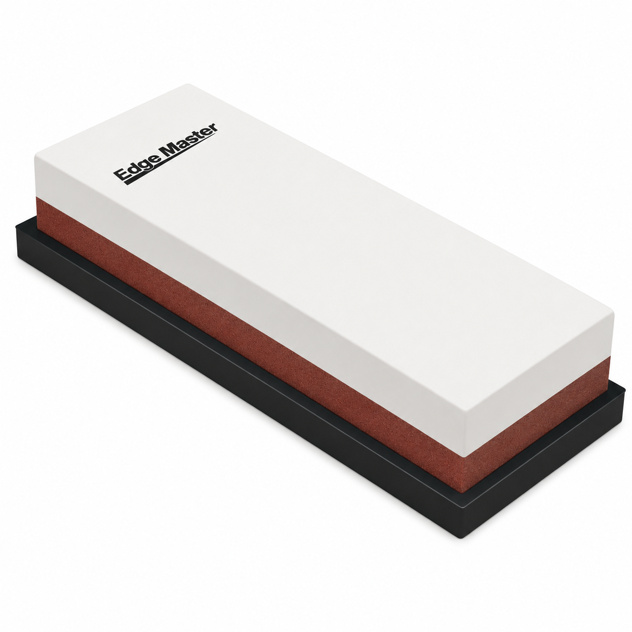 Edge Master sharpening stone: white top, red abrasive layer, on a black base (industrial honing tool)