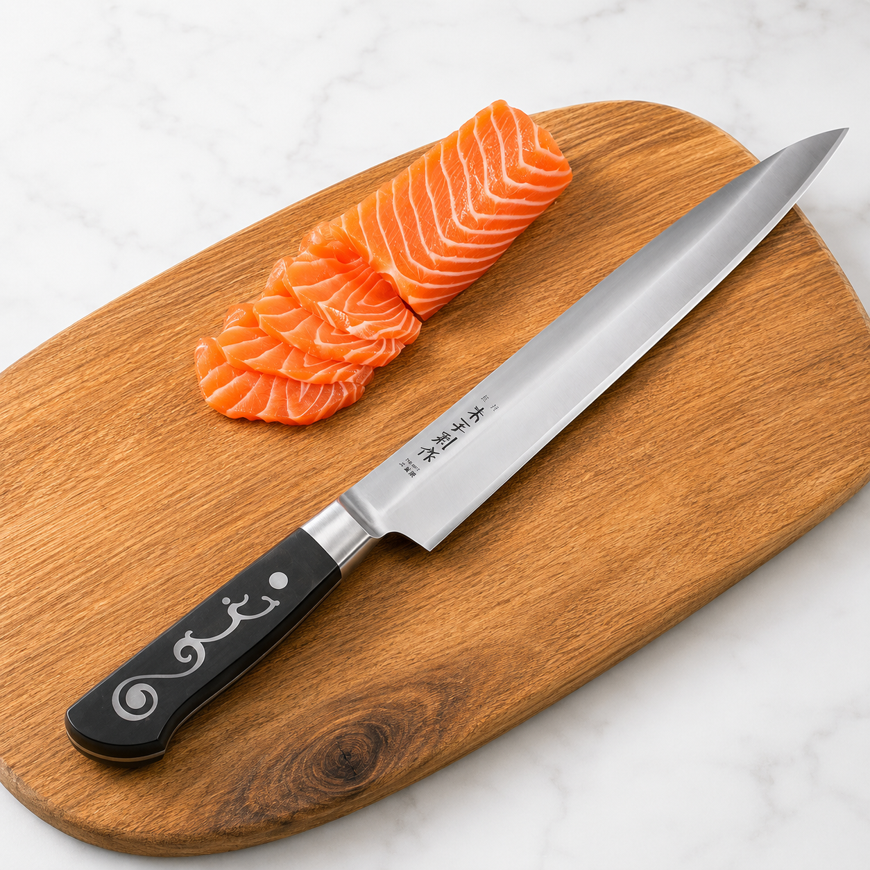 Sliced raw salmon arranged in a neat roll on a wooden cutting board with a chef's knife nearby