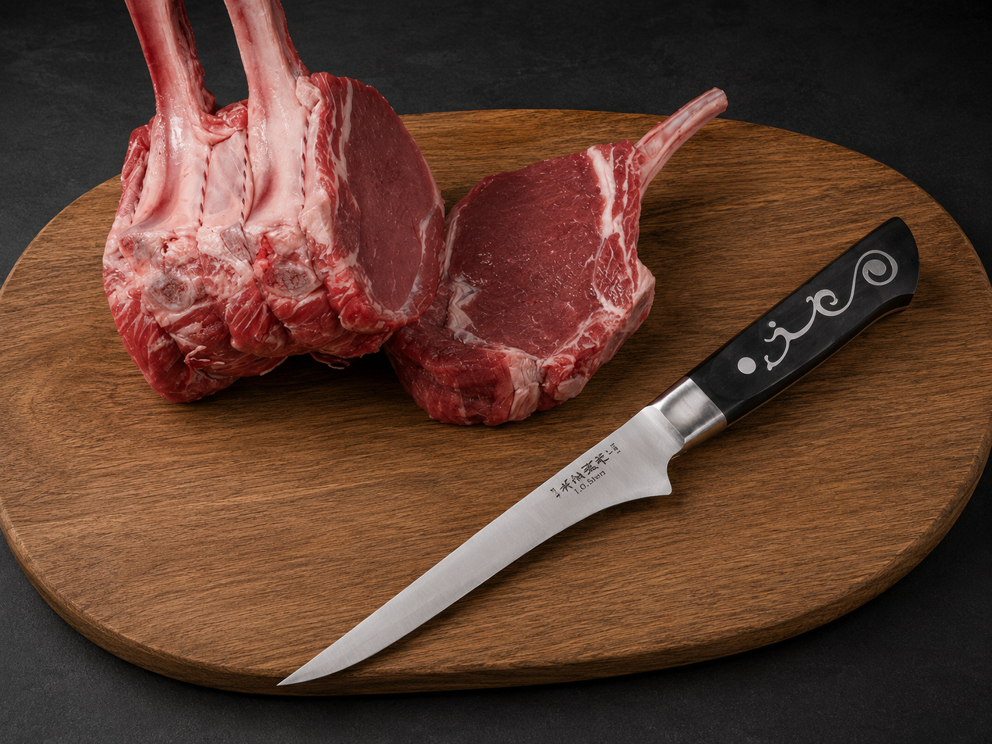 Raw lamb chops on a round wooden cutting board with a chef's knife nearby, ready for prep