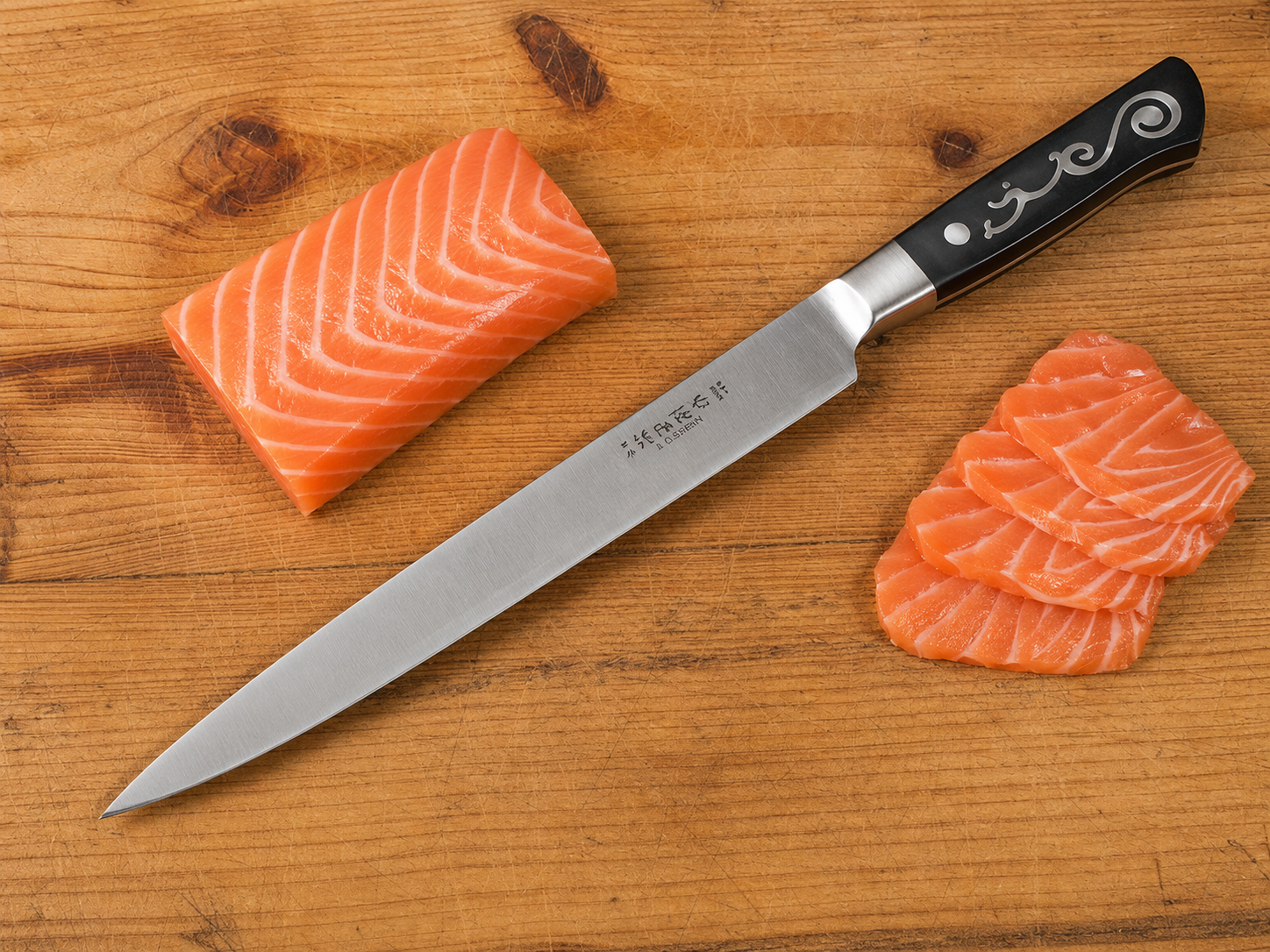 Fresh raw salmon fillet and several thinly sliced pieces on a wooden cutting board with a chef's knife nearby, ready for preparation.
