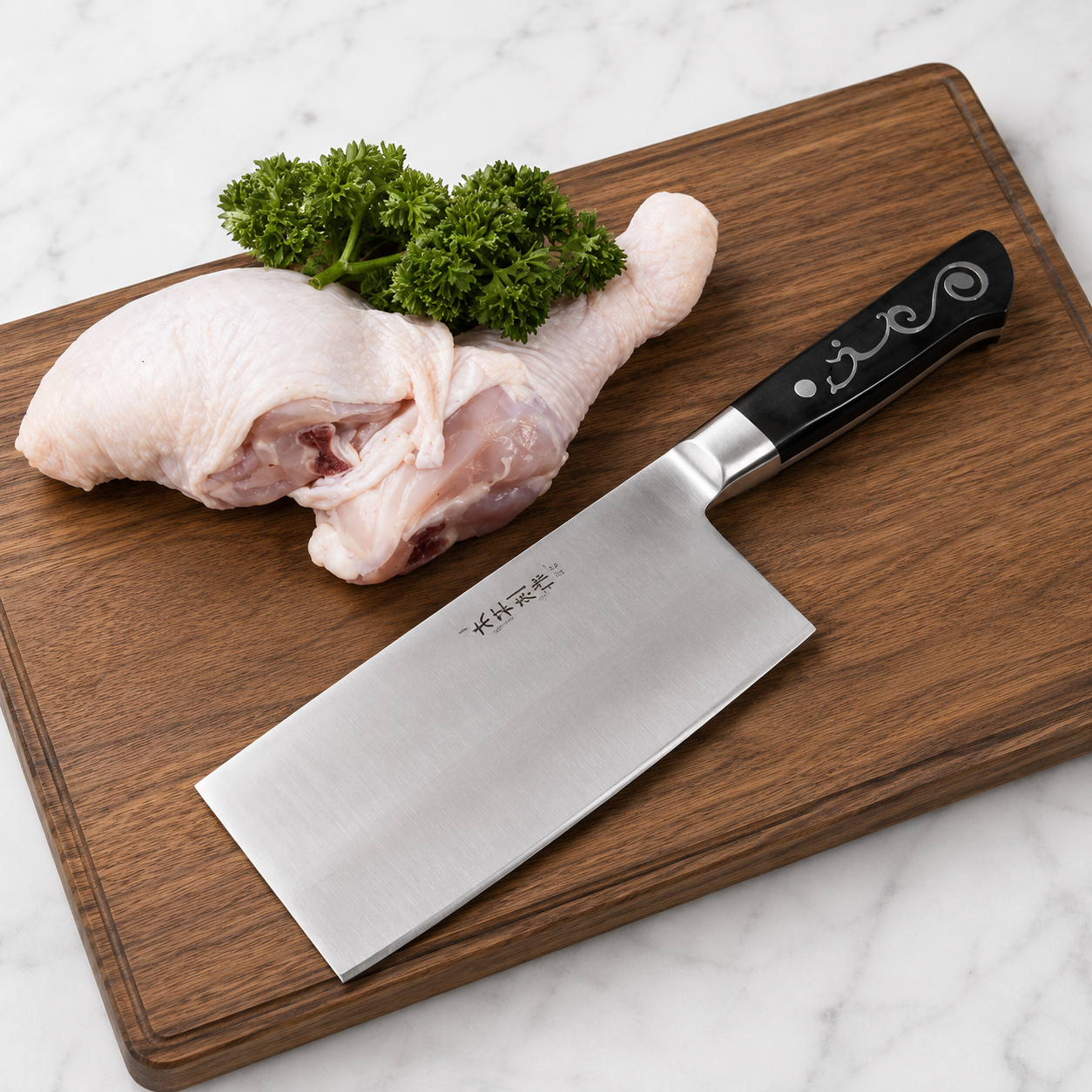 Raw chicken pieces with parsley on a wooden cutting board and a chef's knife beside them (food prep scene)