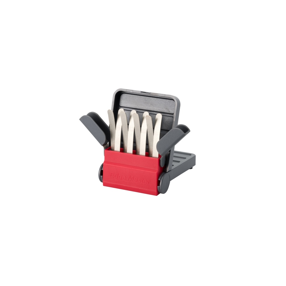 Compact nail file set with six white emery boards in a red holder and gray caps, standing open.