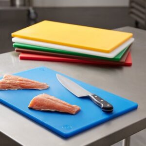 Two raw salmon fillets on a blue cutting board with a chef's knife, colorful boards stacked in the background.