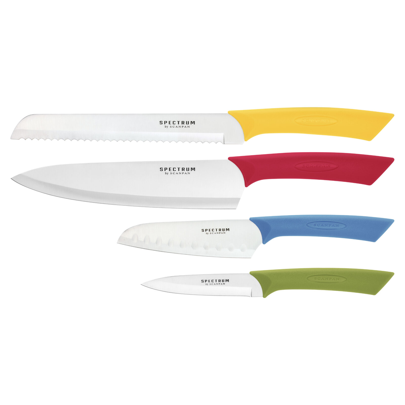 Set of five Spectrum by Scanpan kitchen knives with colored handles (yellow, red, blue, green) arranged diagonally on white background, blades visible and branded.