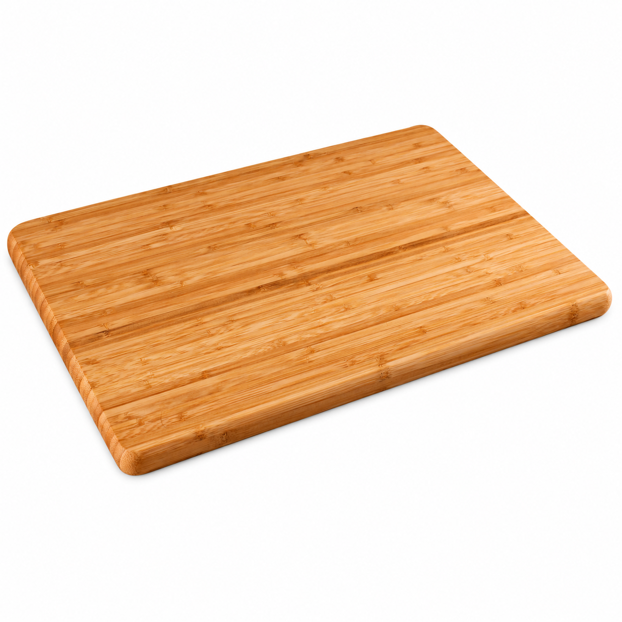 Wooden cutting board with rounded corners and visible bamboo grain on a white background (informative food prep item).