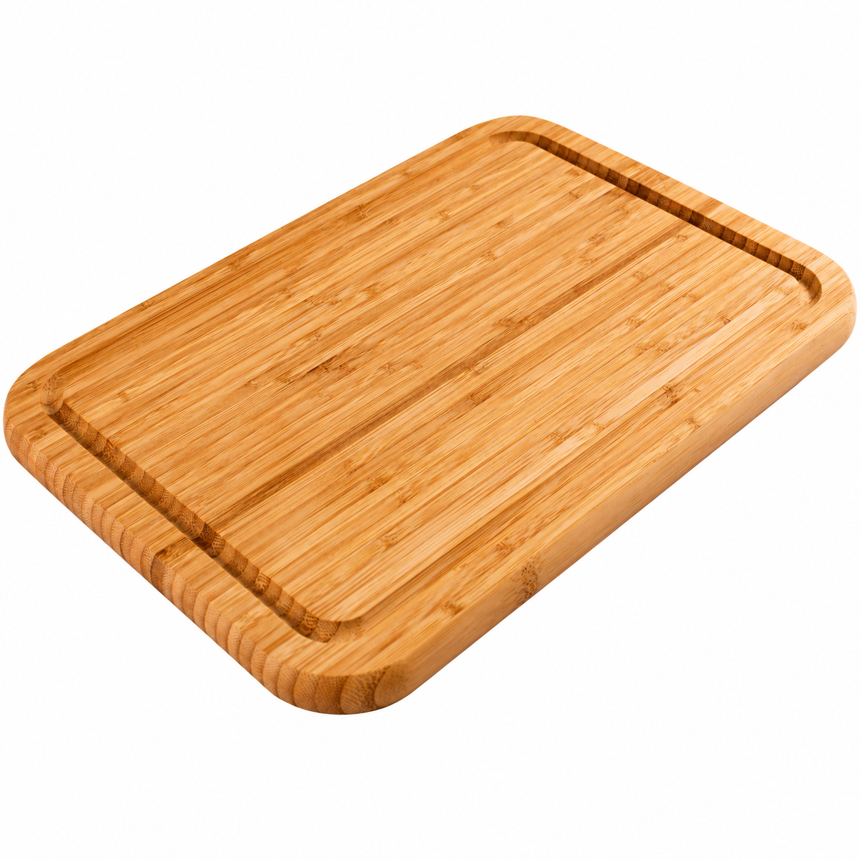 Wooden cutting board (bamboo) with rounded corners and a juice groove along the edge for catching spills