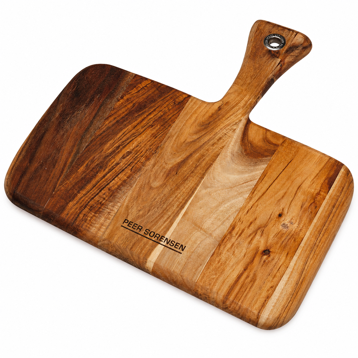 Handcrafted wooden cutting board with a curved handle, built from dark and light hardwood strips and a hanging hole in the handle, branded Peer Sorensen