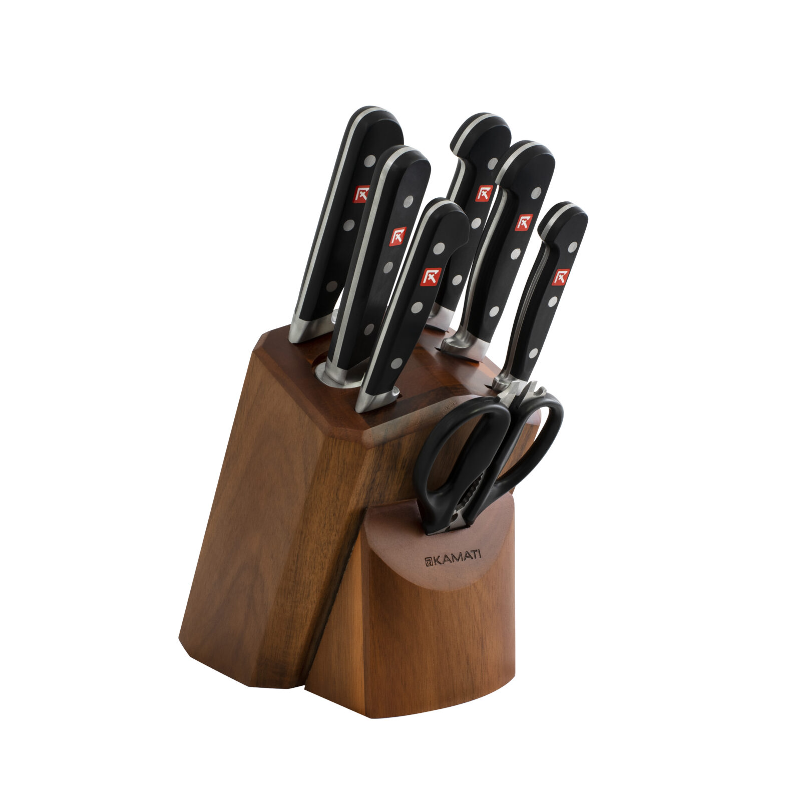 Wooden knife block holding a set of black-handled kitchen knives with steel blades arranged upright in a block on a white background.