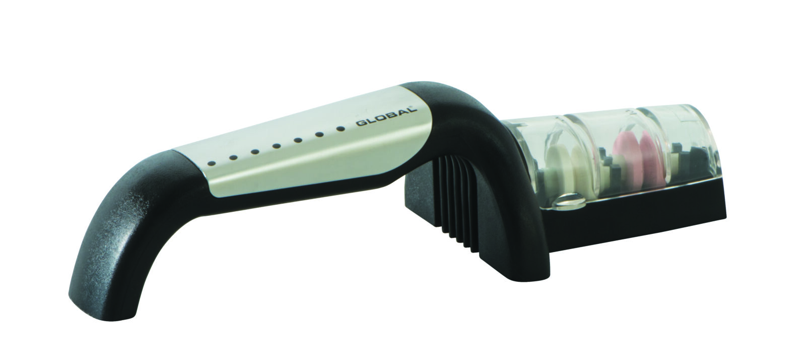 Ergonomic handheld vacuum attachment with a curved black handle and a transparent dirt canister.
