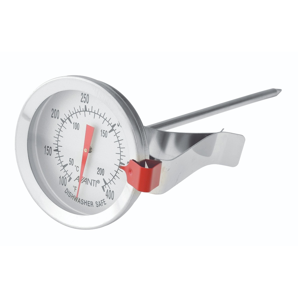 Dial oven thermometer with stainless steel body, long probe, and red locking clip for attaching to cookware.
