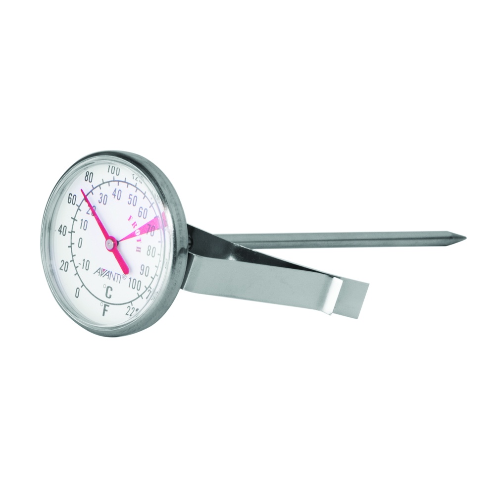 Analog dial thermometer with a metal probe and clip, used to measure temperature.