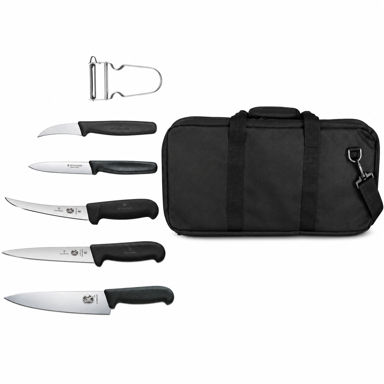 Six Victorinox kitchen knives with black handles arranged in a vertical row beside a black carrying bag and a vegetable peeler above the set's left edge.