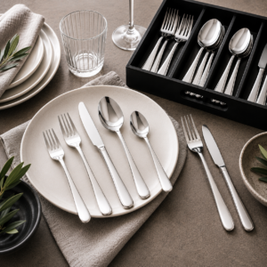 Flat lay of a formal dining setting: a beige plate with arranged silverware, napkin with olive sprigs, a water glass, and a black utensil tray nearby.