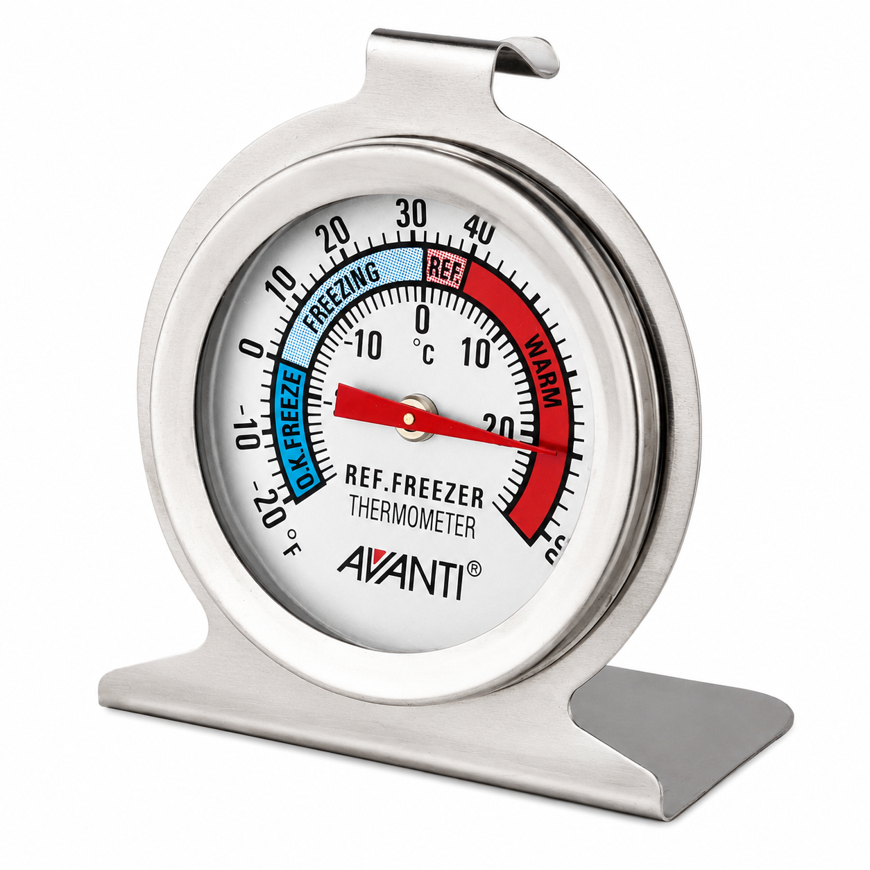 Avanti Ref. Freezer thermometer with blue freezing zone and red warm zone on a metal stand.