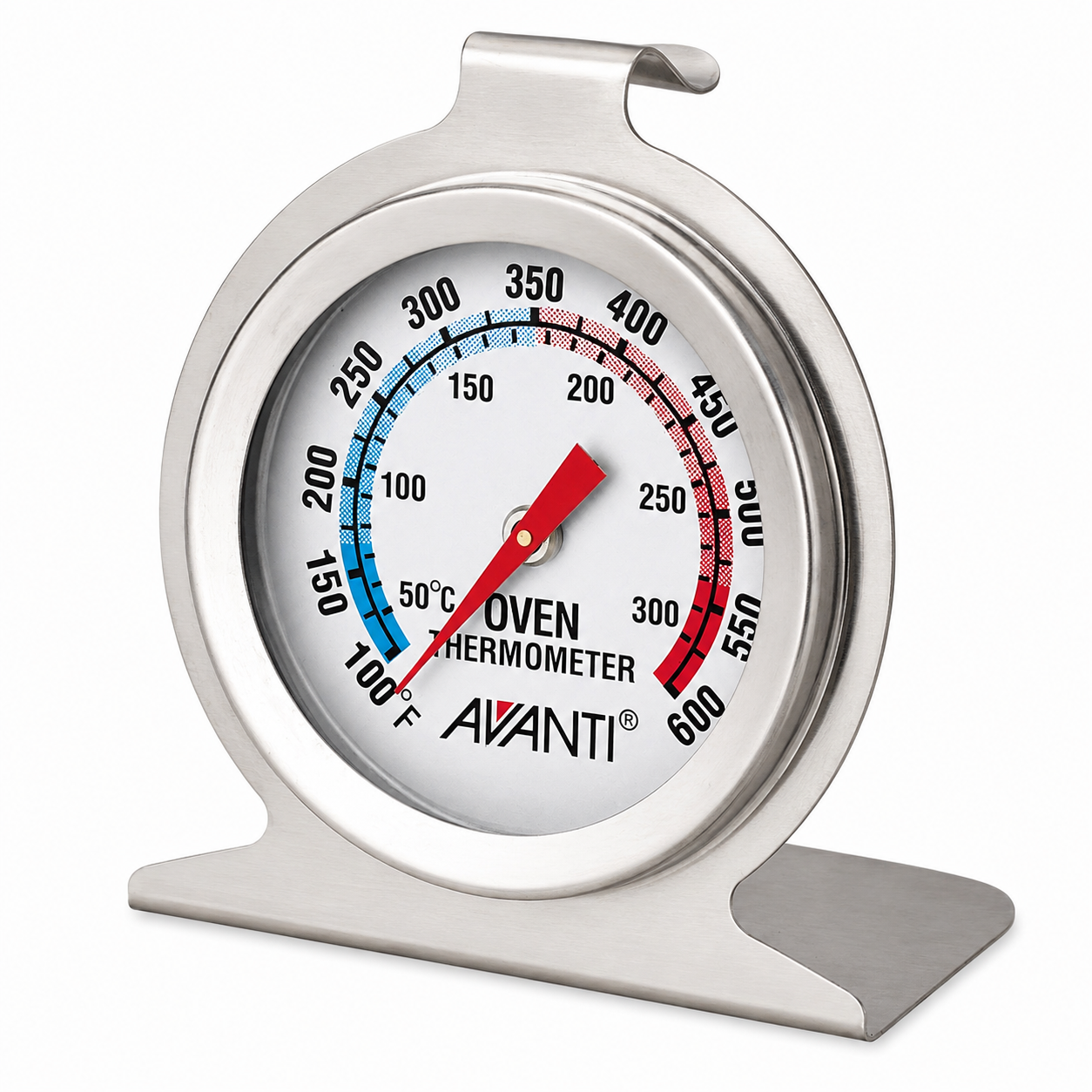Oven thermometer with a metal stand and circular dial showing Fahrenheit temperatures up to 600°F with a red needle point.