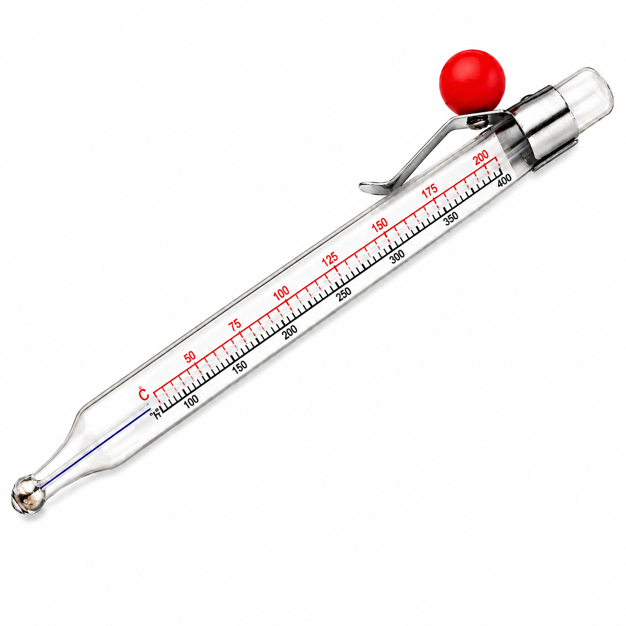 Glass thermometer with red liquid, resting on a white background, showing a Celsius scale out to 200+.