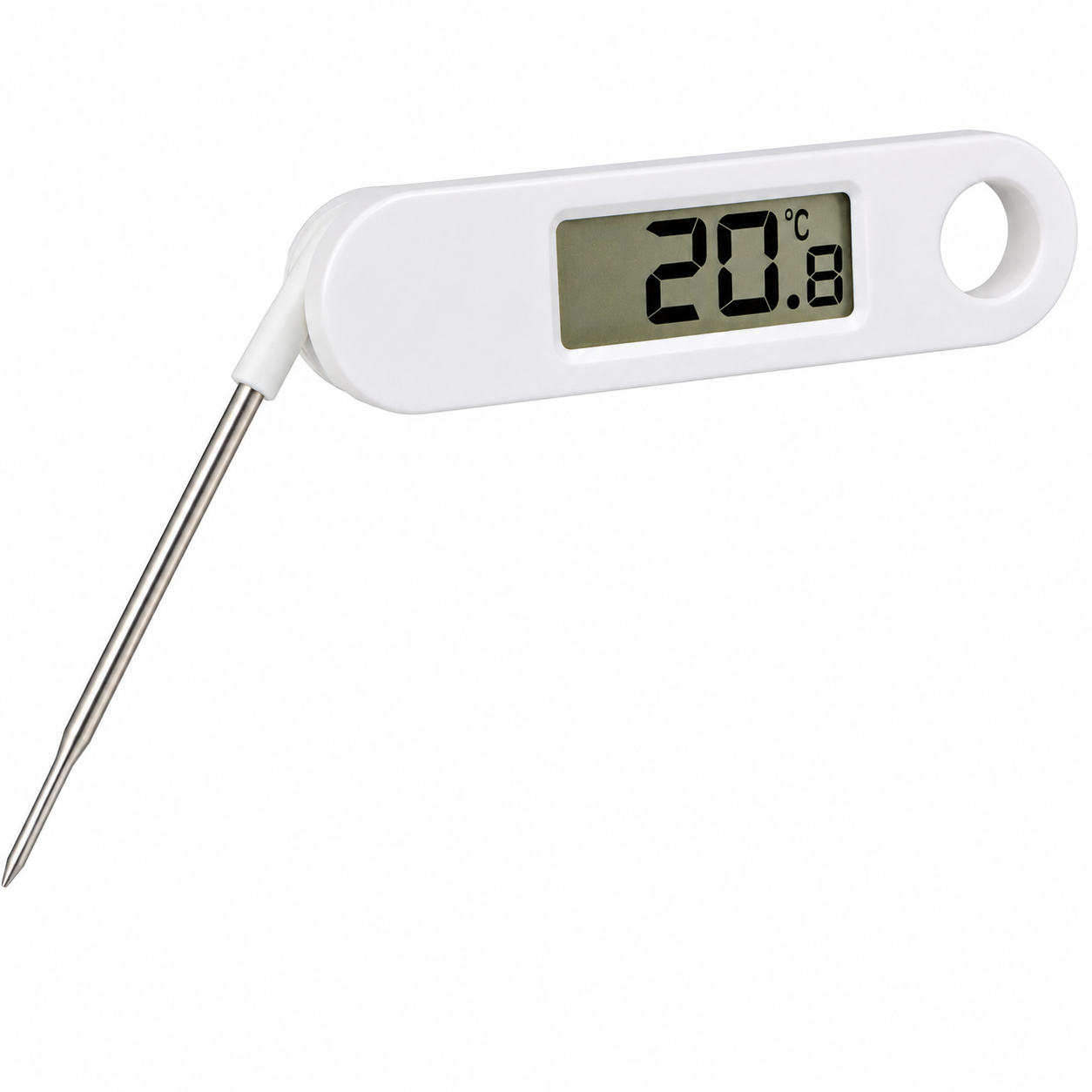 White digital thermometer with a long metal probe displaying 20.8°C on the screen