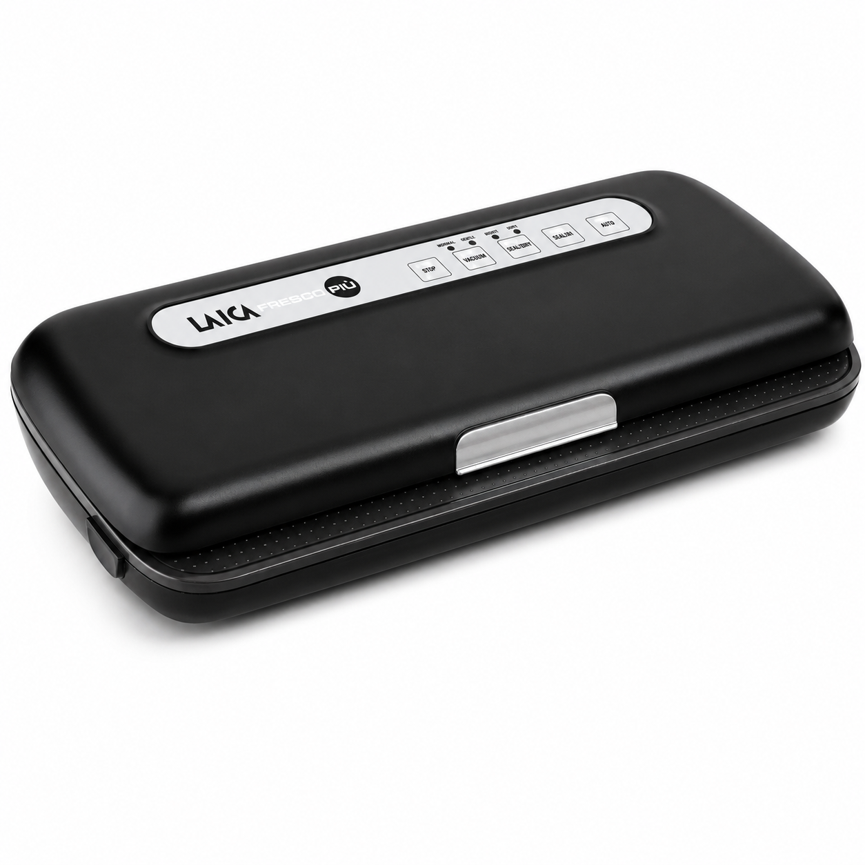 Black compact vacuum sealer with a silver control panel on top, lid closed