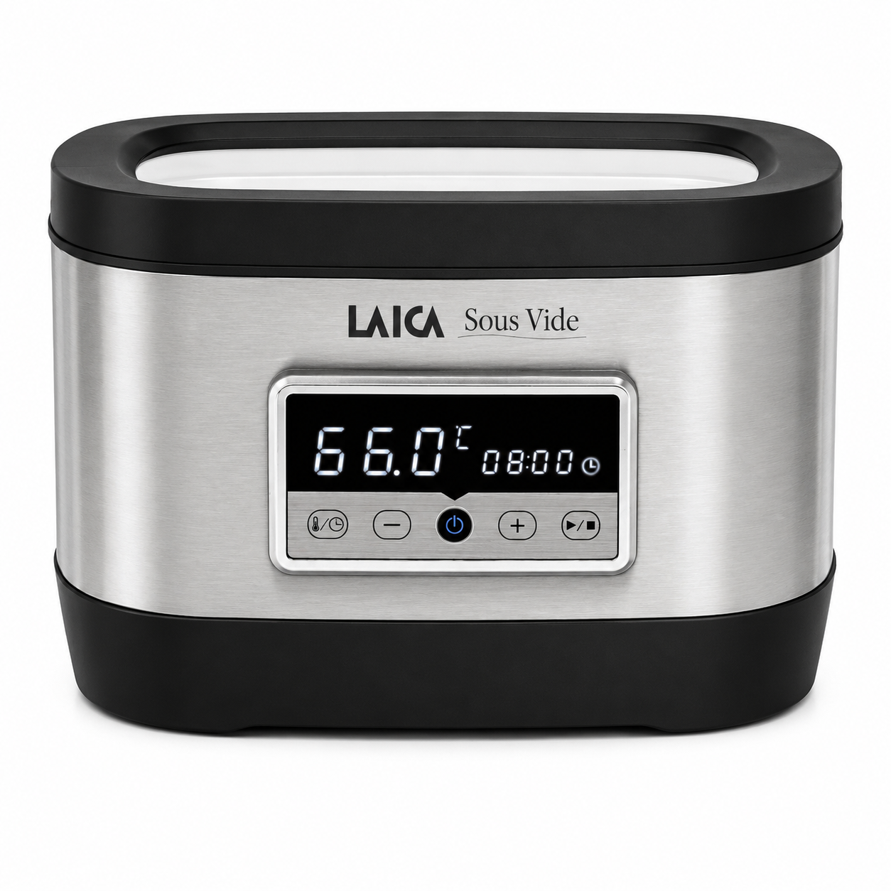 Laica Sous Vide countertop cooker with stainless steel body and digital display panel area on the front