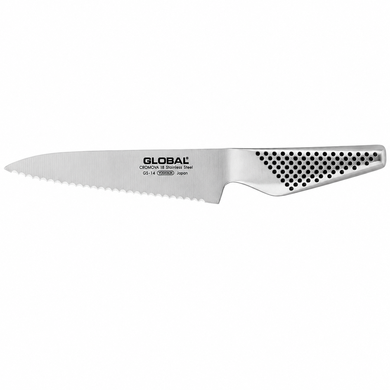 Global GS-14 stainless steel bread knife with a serrated edge and perforated handle for grip and control, used for slicing bread.