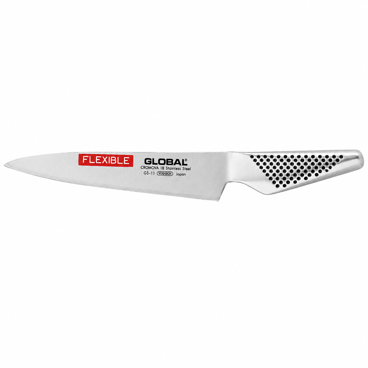 Stainless steel kitchen knife with a perforated grip and red FLEXIBLE label for cutting food