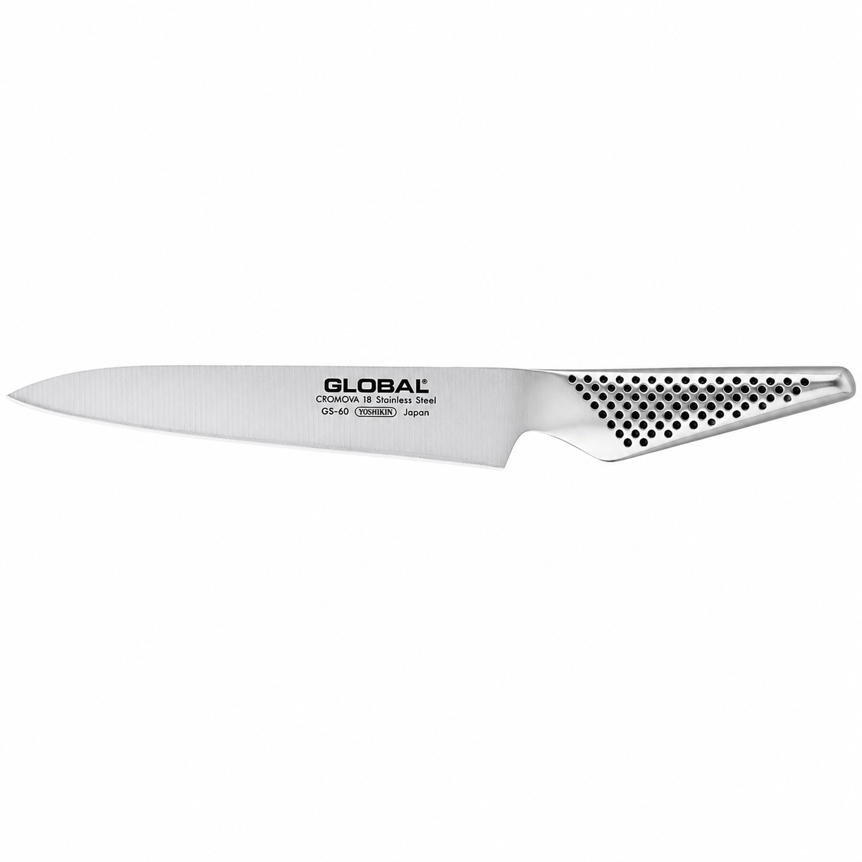 Global brand chef knife with a long stainless blade and perforated, ergonomic handle.