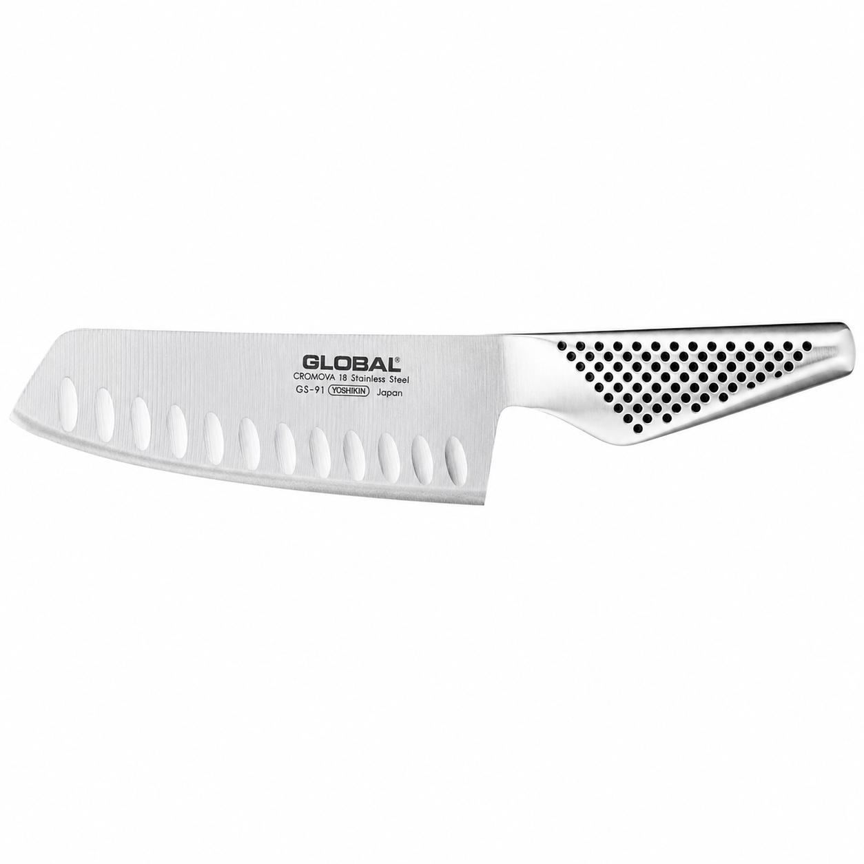 Global stainless steel chef's knife with a perforated blade and textured handle, shown against a white background.